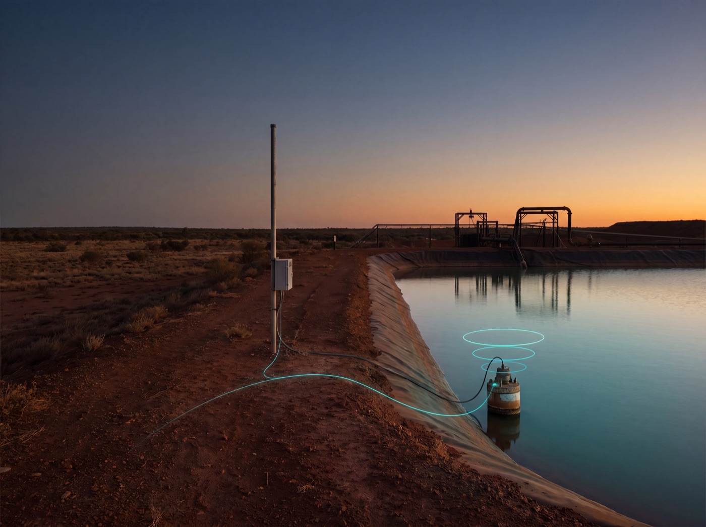 Lined tailings settlement pond at a remote Western Australian mine at dusk, with a submersible water-quality sensor and pole-mounted LoRaWAN gateway traced by teal telemetry rings