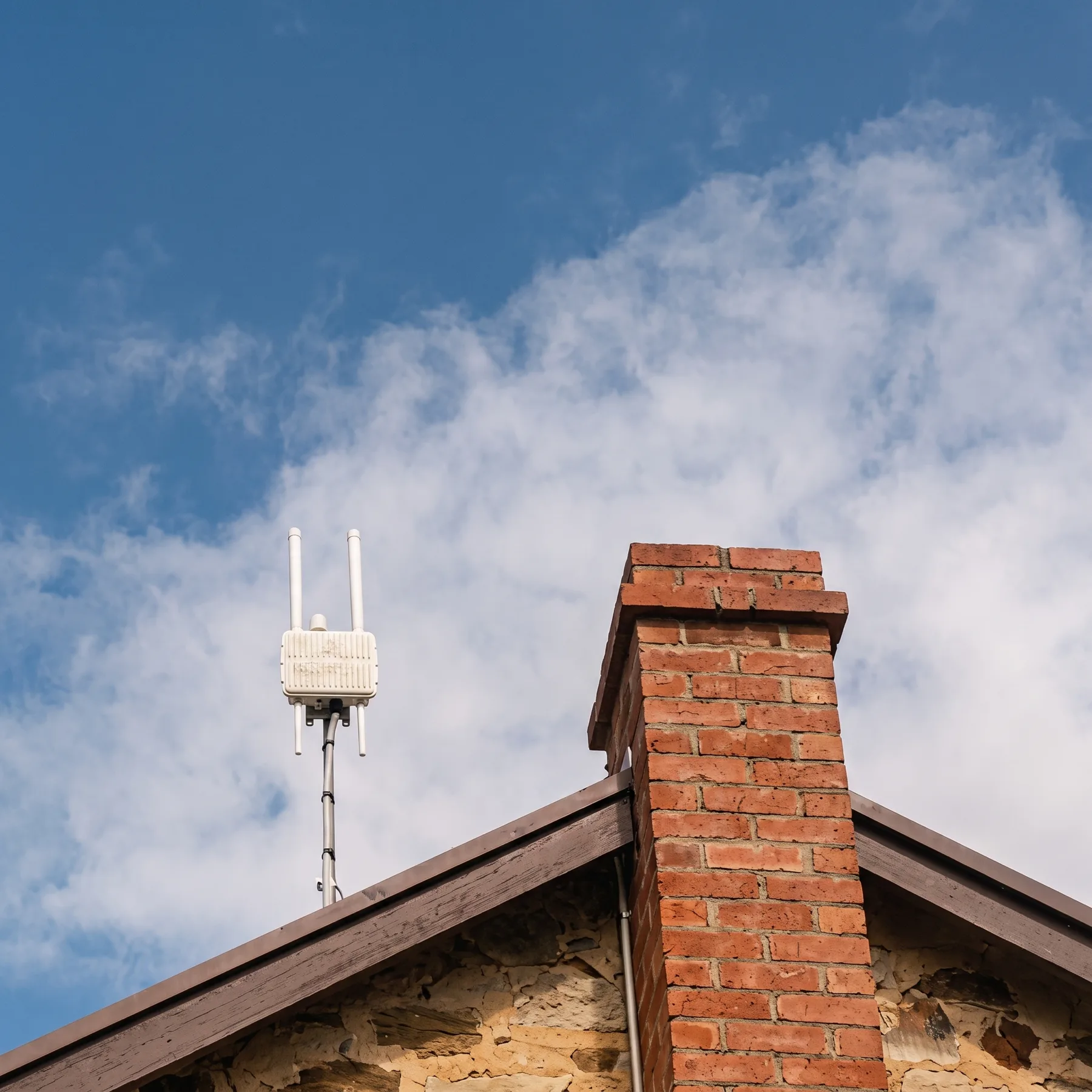 A Meshed LoRaWAN gateway mounted on a rooftop, extending long-range wireless coverage across the surrounding area