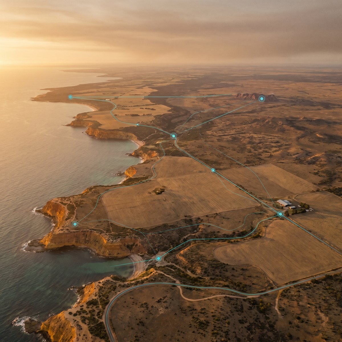 An aerial view of the Australian coast and country, with a managed network linking sites across metropolitan, regional and remote areas.