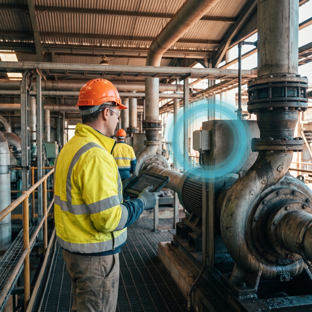 A plant engineer in hi-vis and hard hat reading live asset data on a rugged tablet beside heavy-industry equipment fitted with a wireless sensor