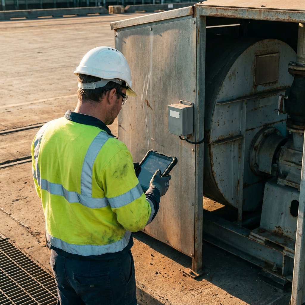 A port maintenance technician in Australian fluoro hi-vis with reflective tape and a hard hat, reviewing a rugged tablet beside fixed wharf plant