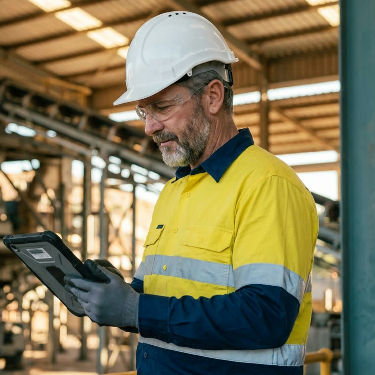 Mine-site engineer in hi-vis and hard hat reading live asset data on a rugged tablet inside a mineral processing plant