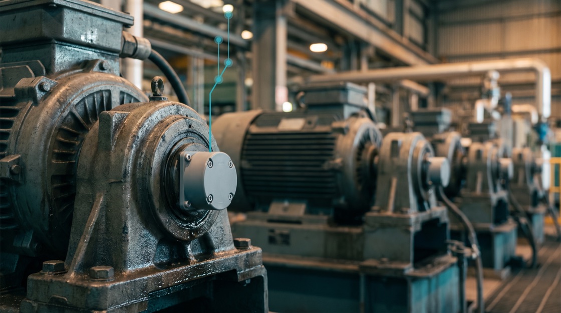 Large industrial electric motors and gear drives on continuous plant with a small unbranded wireless vibration sensor mounted on a bearing housing