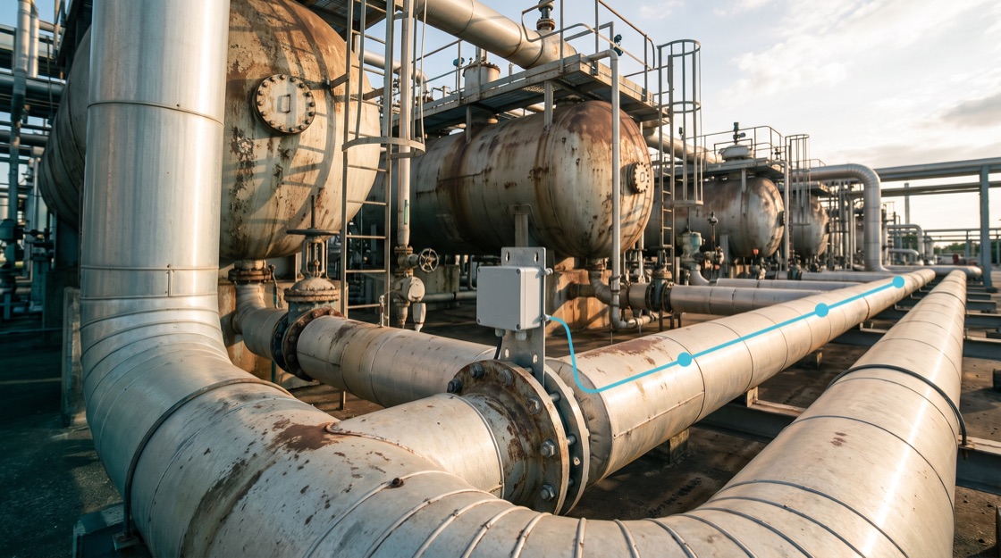 Outdoor process pipe rack and steel pressure vessels with a small unbranded wireless sensor clamped to a bolted pipe flange