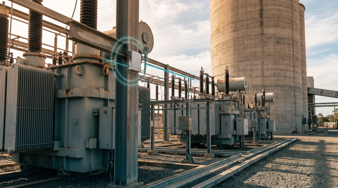 Outdoor high-voltage electrical substation beside a tall concrete silo with a small unbranded sensor node on a structural steel member