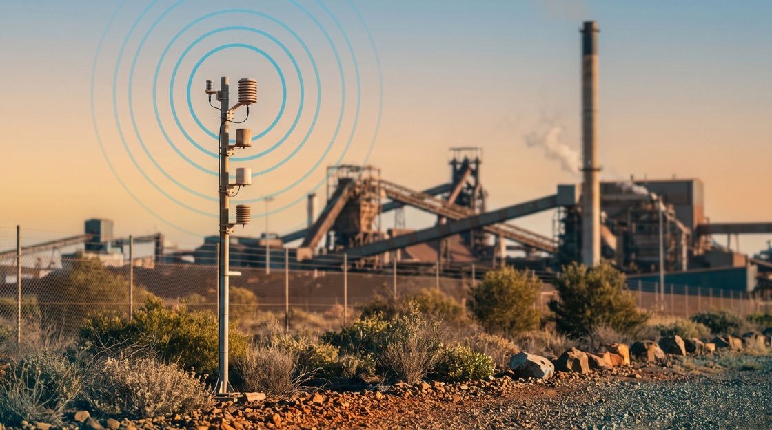 Slim environmental monitoring mast with dust and air-quality sensors at the vegetated boundary of a heavy-industry plant
