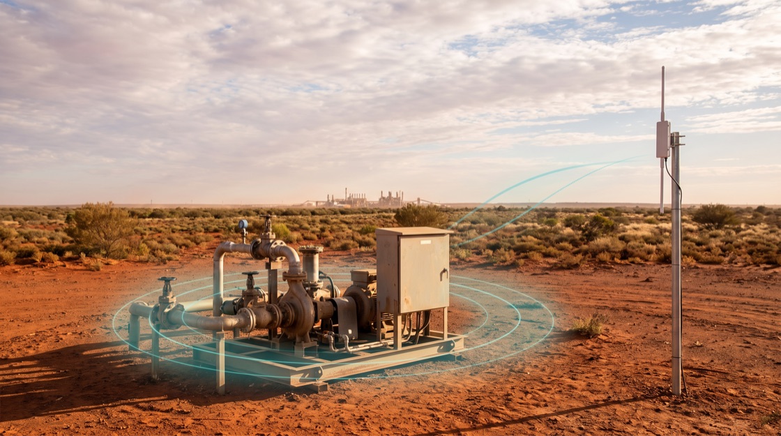 Remote pump and generator skid with a pole-mounted LoRaWAN gateway antenna in a wide Australian industrial landscape