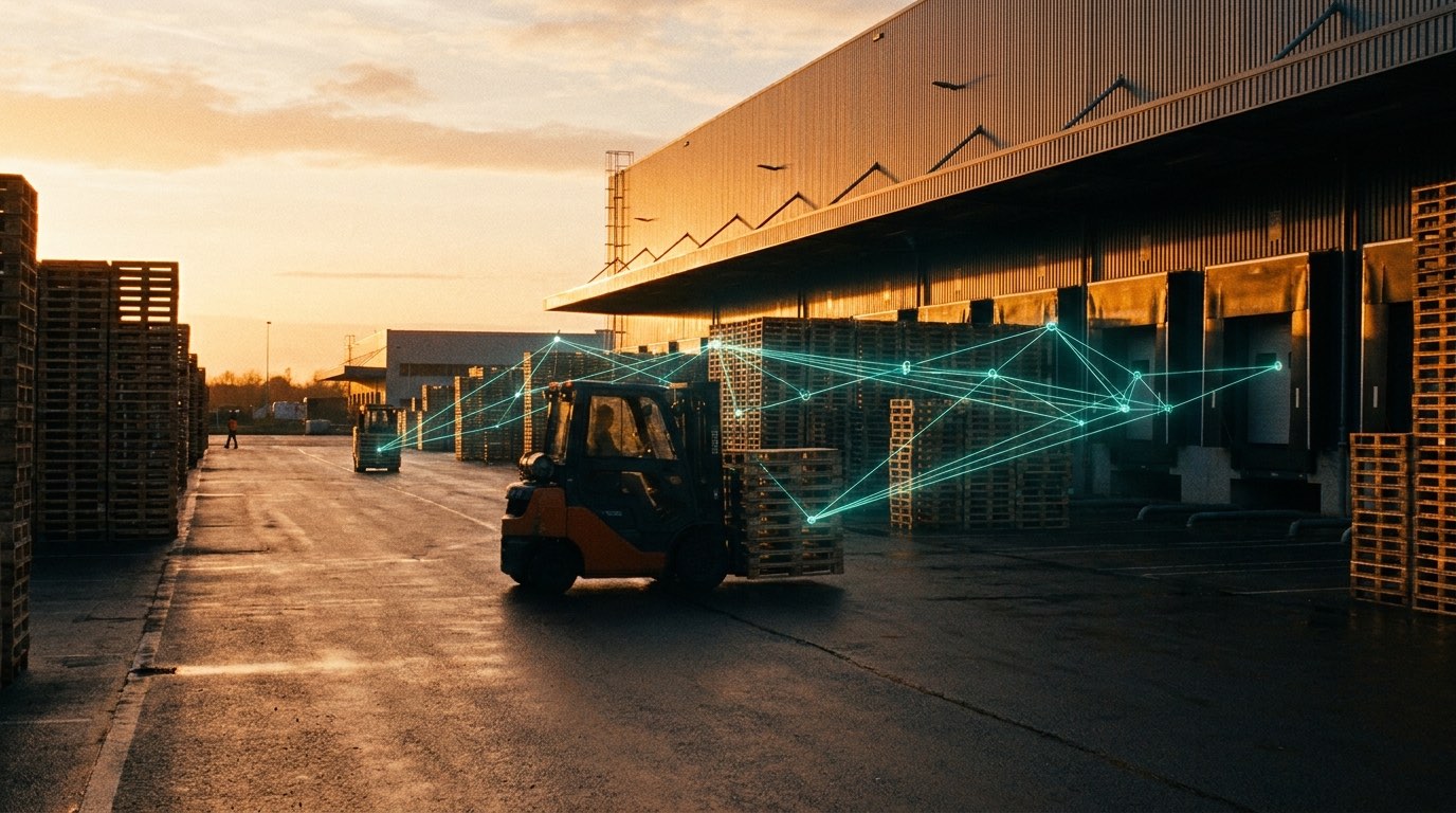 Industrial logistics yard at golden hour with a forklift and stacked pallets, restrained teal data overlay tracing soft movement paths