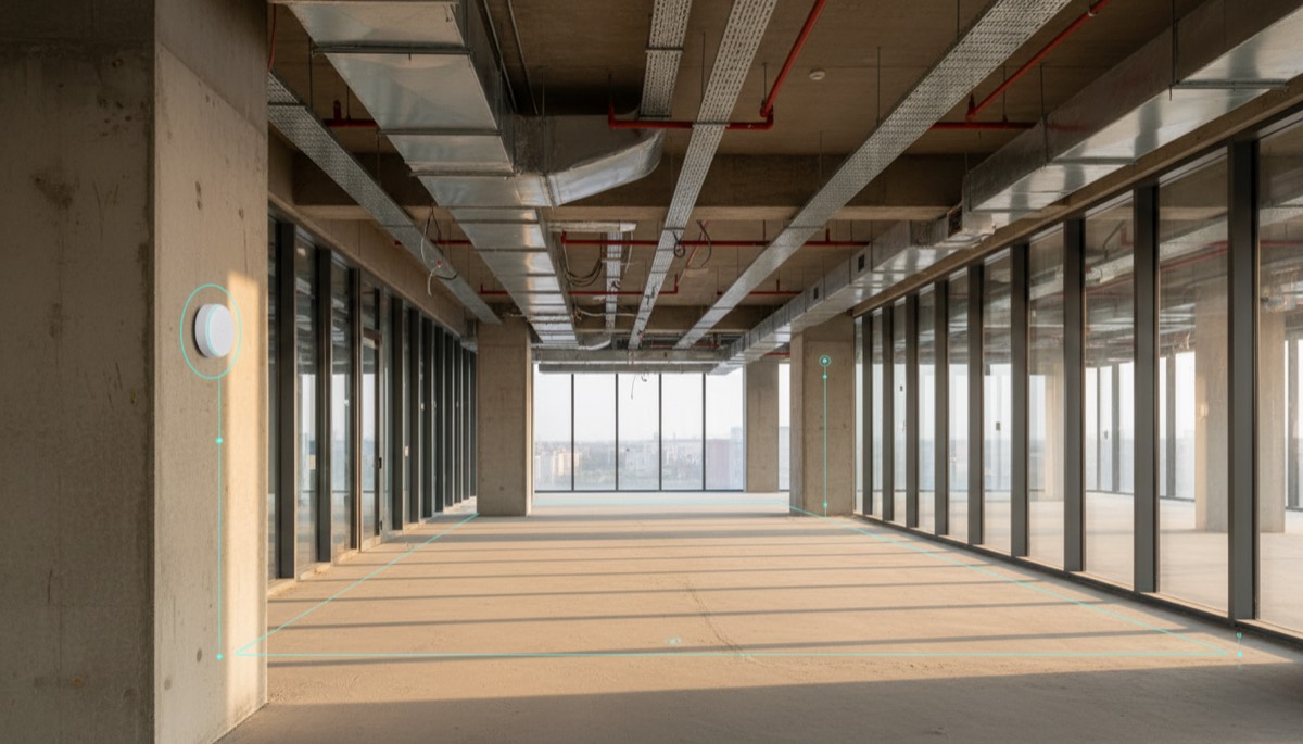 Interior of a building under fit-out with a wireless temperature and humidity sensor