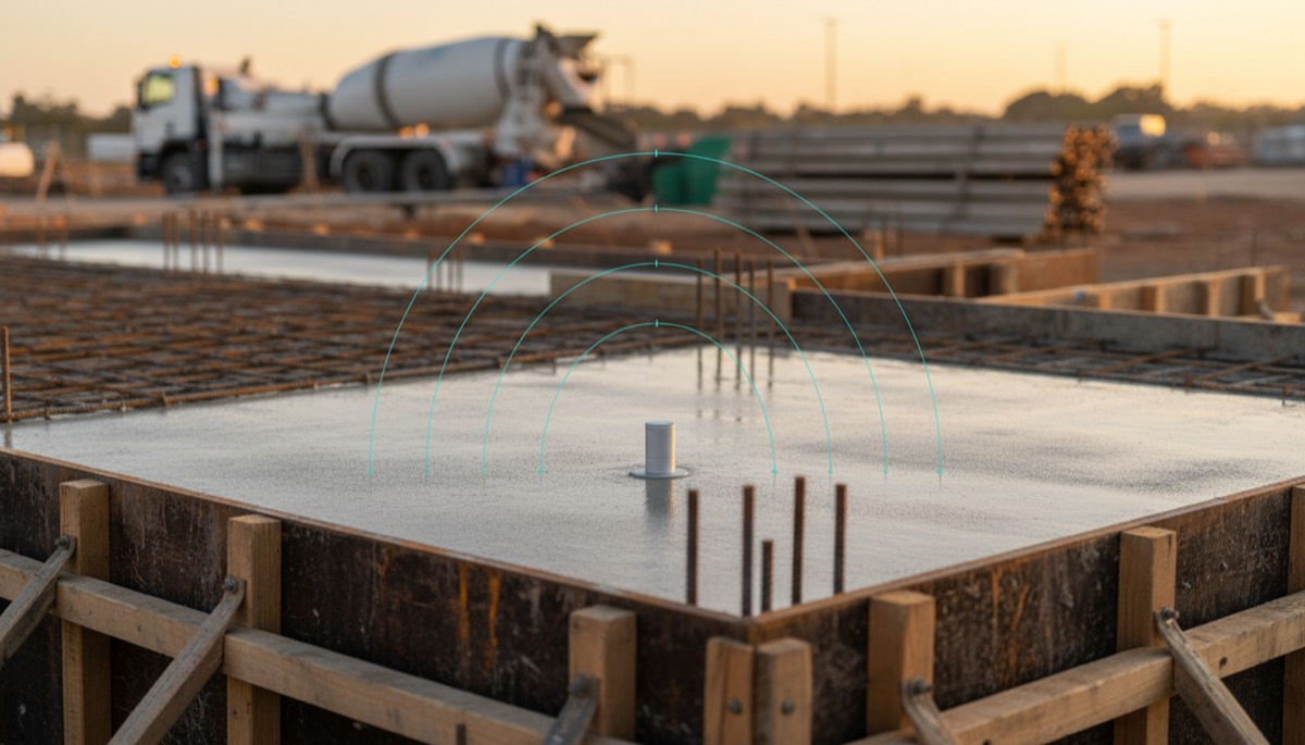 Freshly poured concrete slab with formwork and an embedded wireless curing sensor