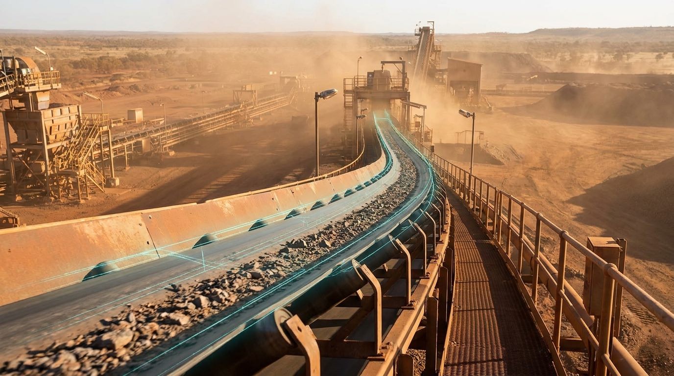 Industrial conveyor belt curving through a bulk-material handling facility with soft teal data threads tracing the belt path