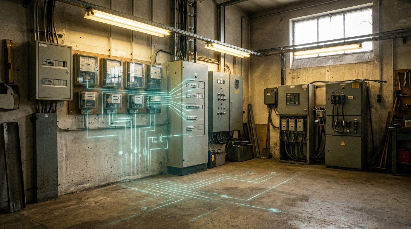 Industrial utility room with electrical distribution panels, meters and switchgear cabinets in a factory environment