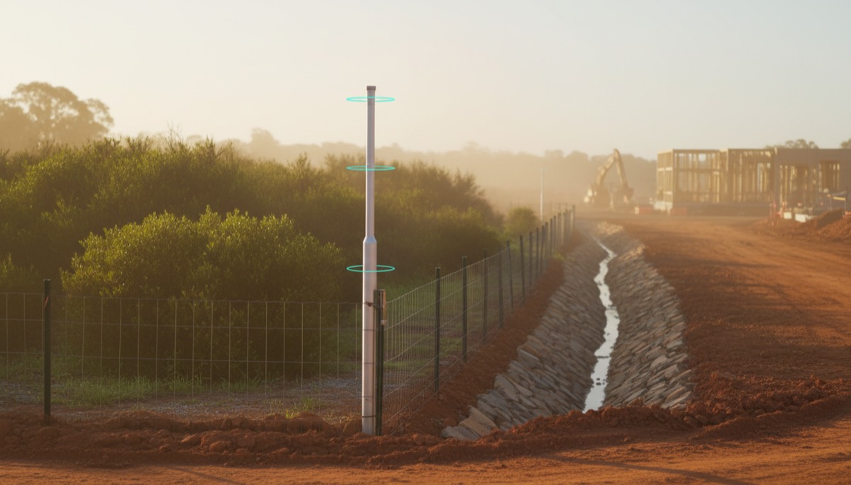 Slim environmental monitoring mast at a vegetated construction site boundary