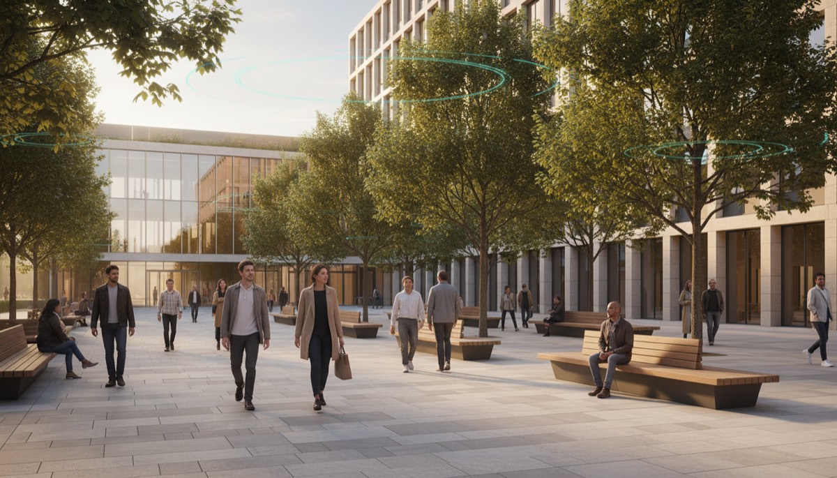 Completed building and public realm in use after handover to operations