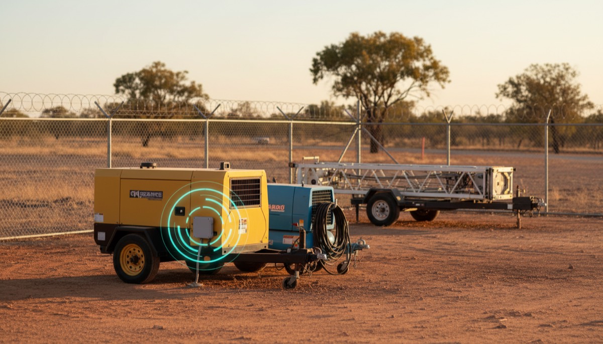 Site laydown yard with generators and compressors carrying small wireless asset-tracking sensors