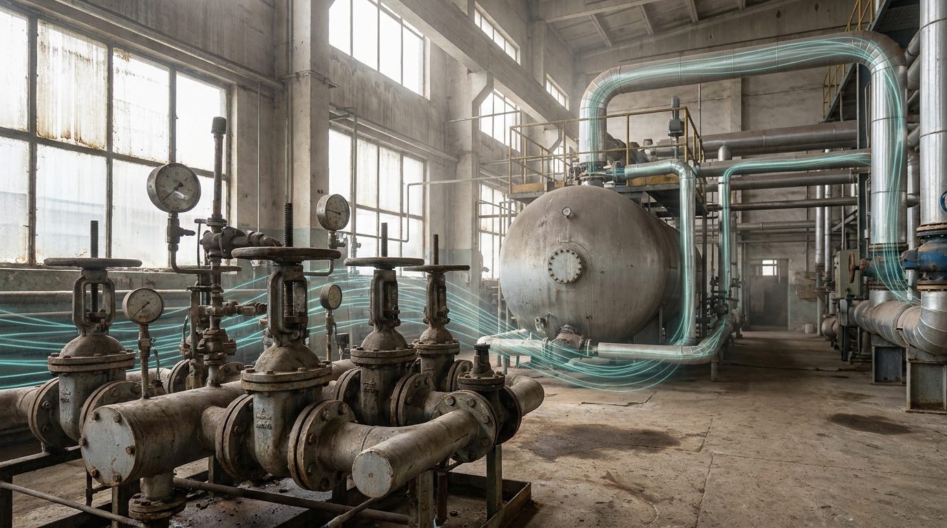Industrial pressure vessel and pipework cluster with valves and gauges in a process plant, restrained teal data threads tracing the pipe flow