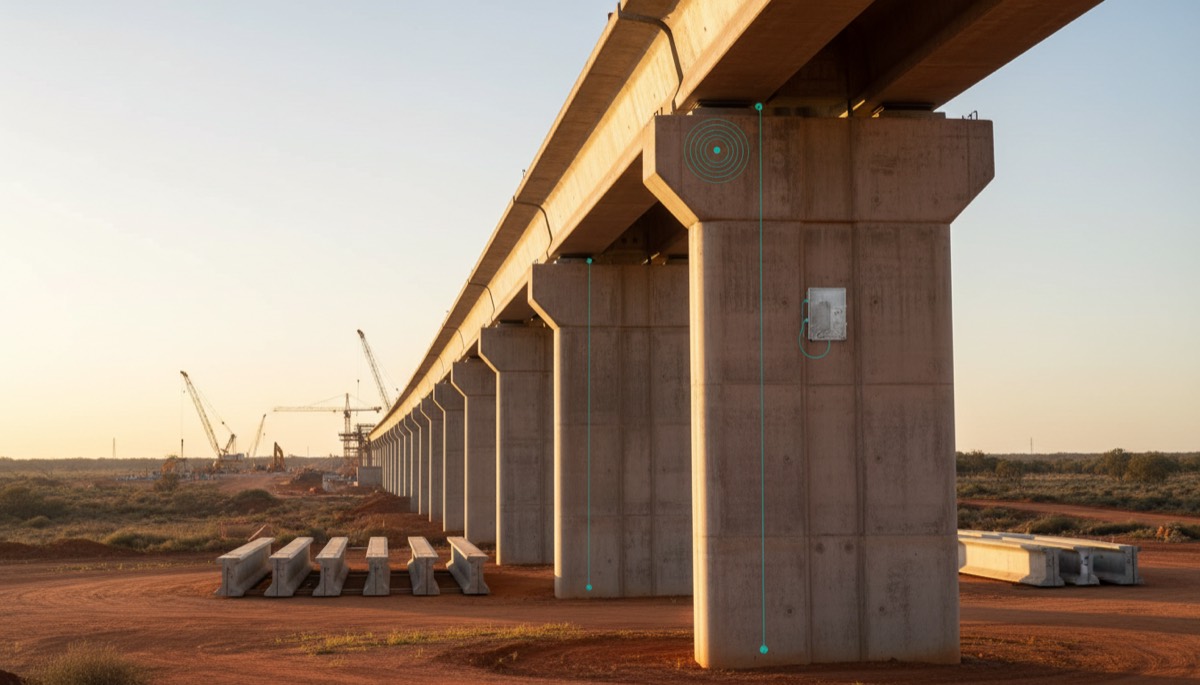 Concrete rail viaduct under construction with a structural strain sensor on a pier
