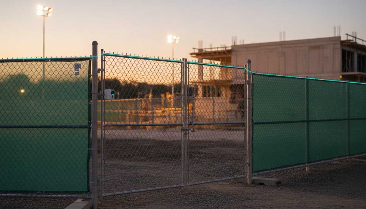 Construction site perimeter fence and gate at dusk with a discreet sensing line