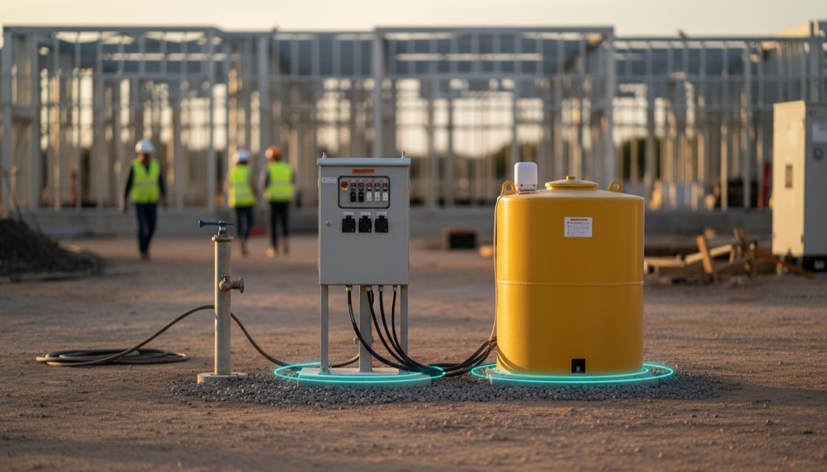 Temporary site power distribution board and a diesel tank with a wireless level sensor
