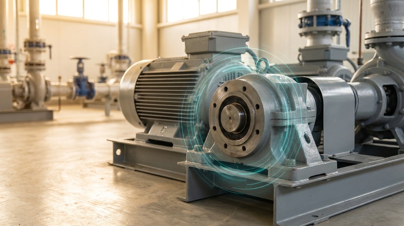 Industrial electric motor and pump skid on a clean process-plant floor, soft teal data ring around the bearing housing