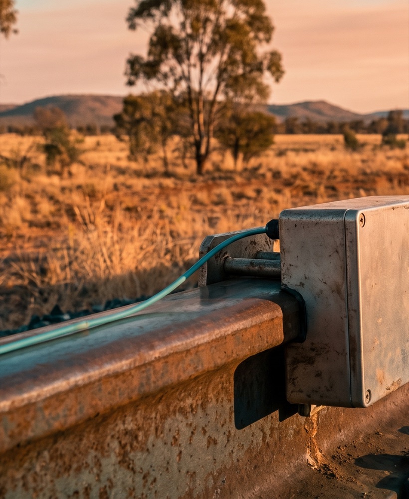 Steel railway rail with a generic wireless sensor node mounted on it, traced by a teal data line, rail stress and gauge condition monitoring
