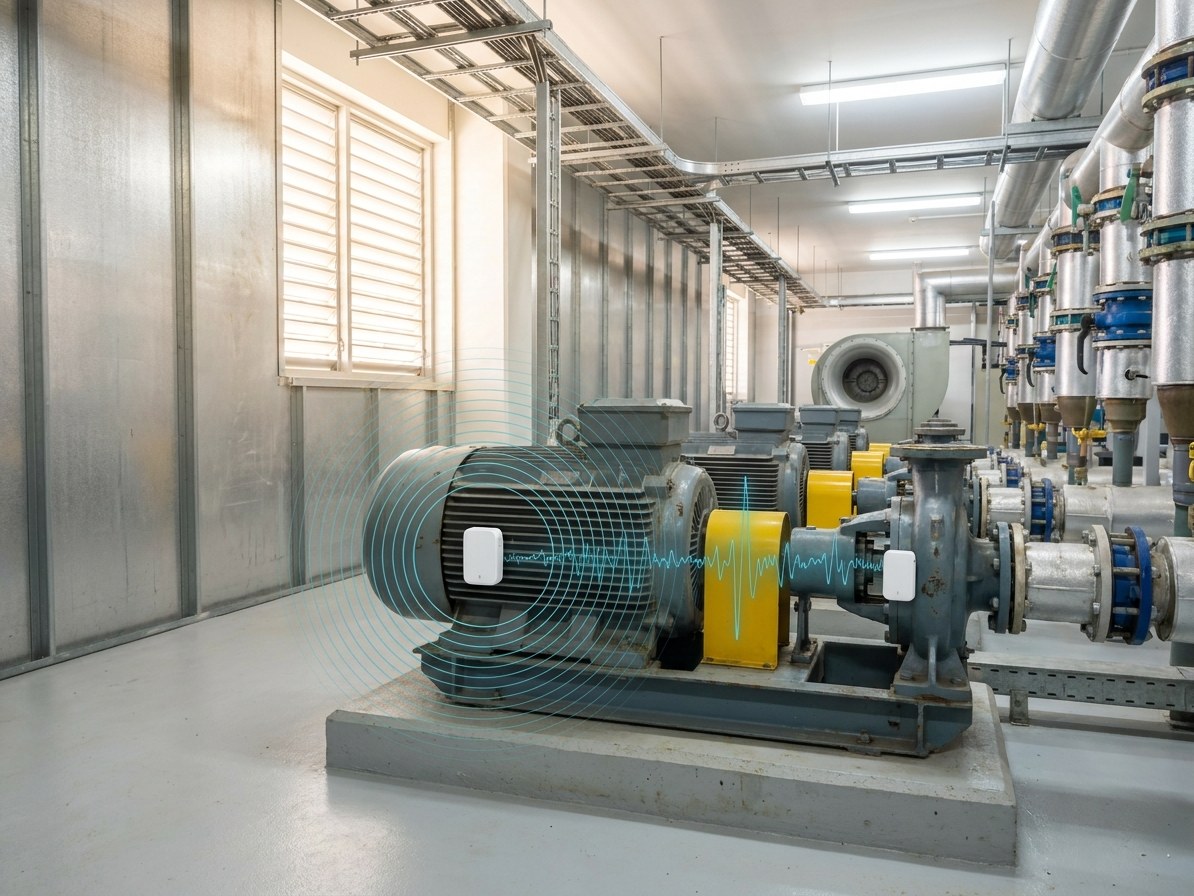 An interior mechanical plant room with a row of pump sets and a large fan, a small wireless vibration sensor clipped to a motor housing with a teal waveform overlay.