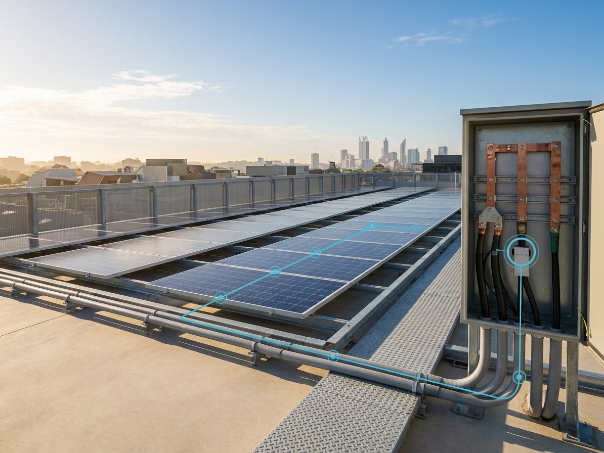 A rooftop solar array on an Australian commercial building beside an open electrical enclosure carrying a clamp-on current sensor, with a teal overlay tracing live load along the conduit.
