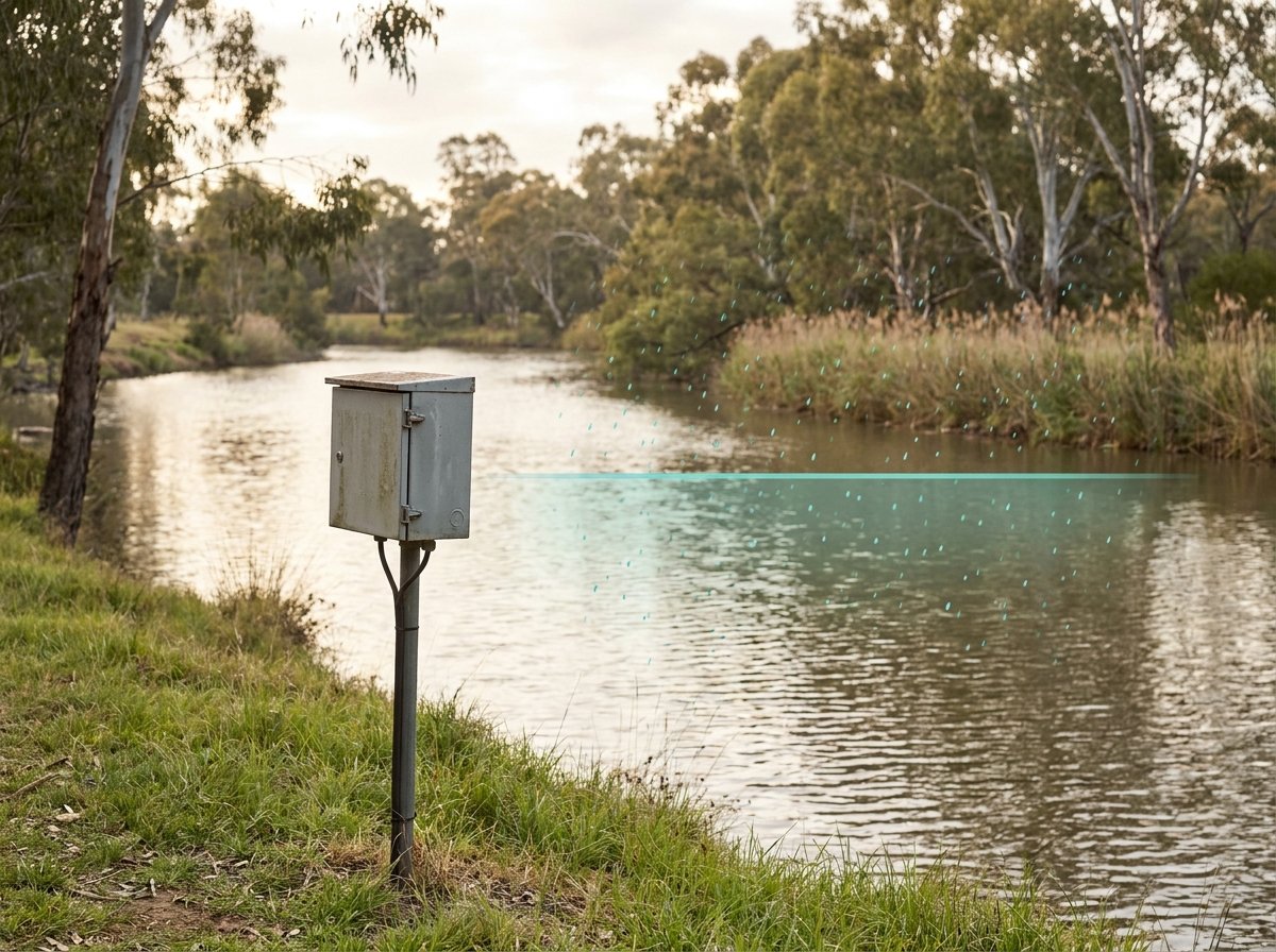 A small river-level monitoring enclosure mounted on the bank of an Australian creek in warm daylight, with a subtle teal level-and-rainfall overlay.