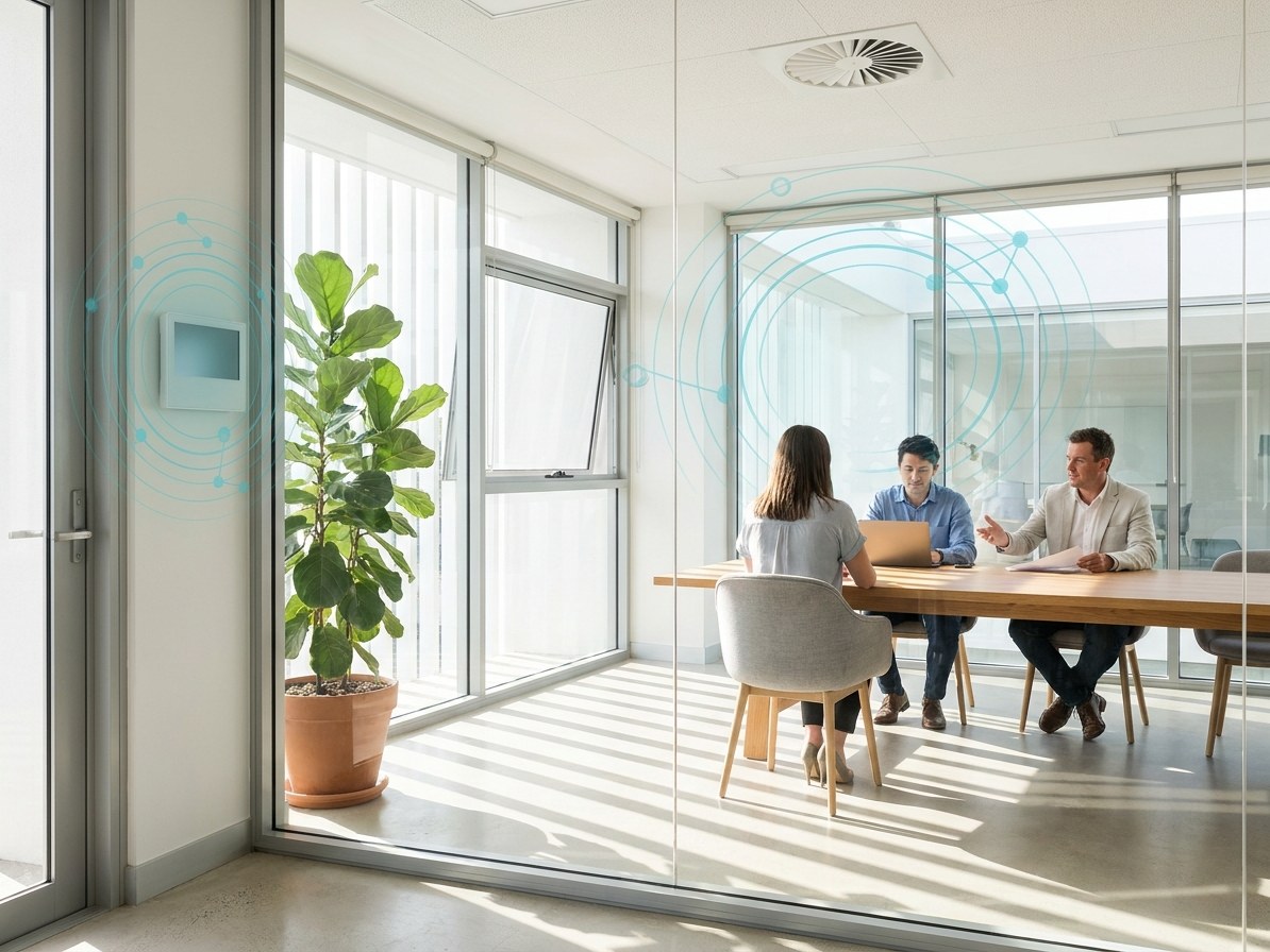 A glazed meeting room in an Australian office with a wall-mounted indoor air quality display beside the door, a leafy plant against the glass and a restrained teal overlay above the table.