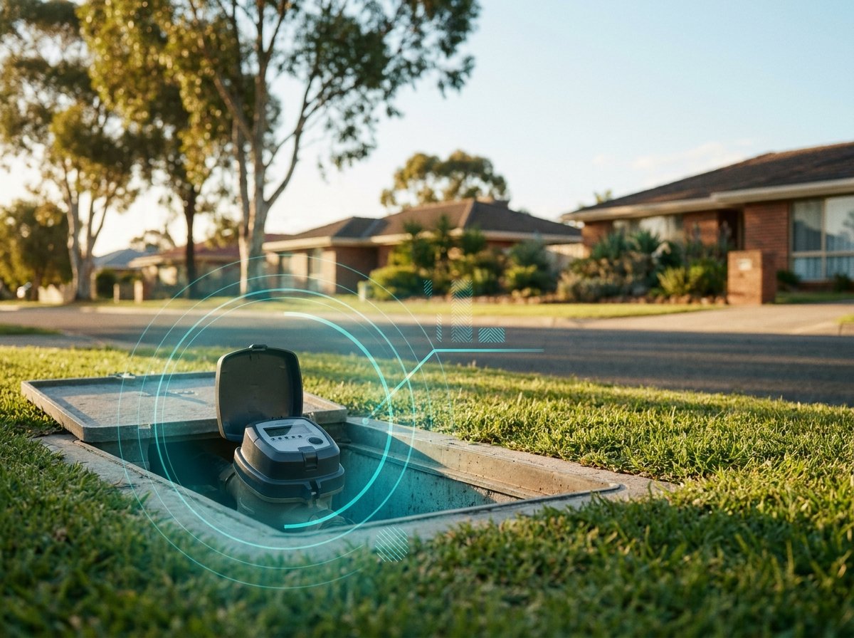 A digital water meter in a kerbside pit on an Australian suburban street, with a subtle teal data overlay tracing usage from the customer connection.