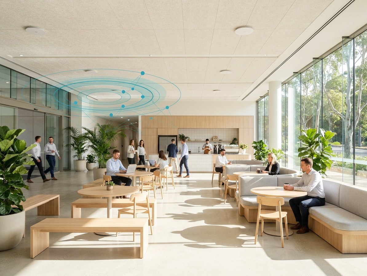 A bright building lobby and breakout space with people at a distance, ceiling sensors above the seating zones and a restrained teal overlay marking anonymous space utilisation.