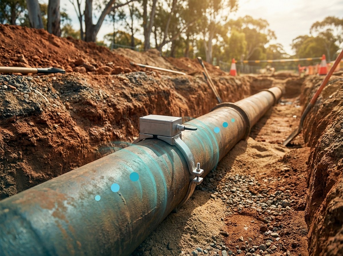 A pressure and acoustic sensor node clamped to a buried water main in an open trench at an Australian worksite, with a thin teal pressure-wave overlay along the pipe.