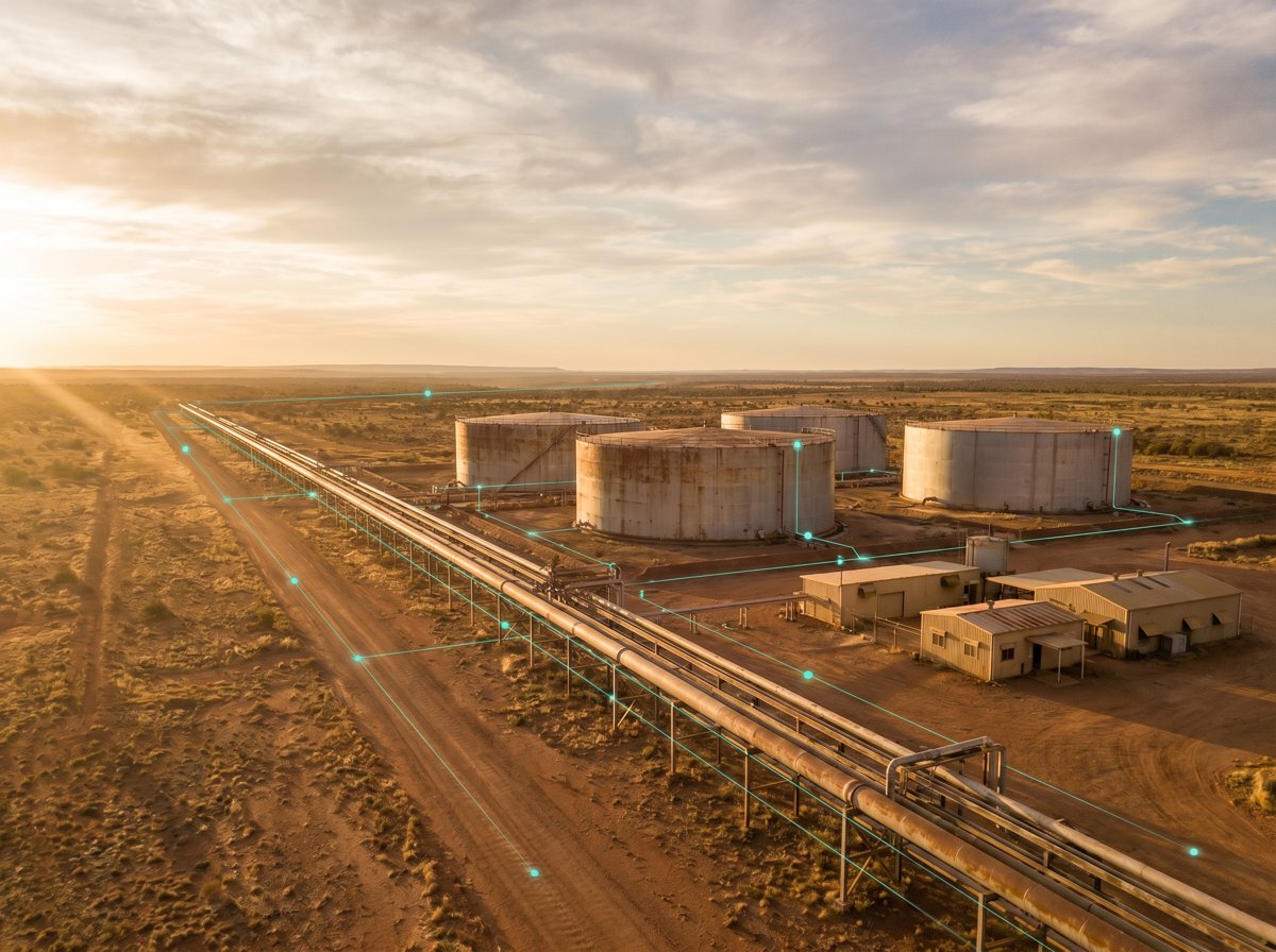 Distributed field infrastructure across remote Australian country, pipelines and storage tanks linked by a managed network.