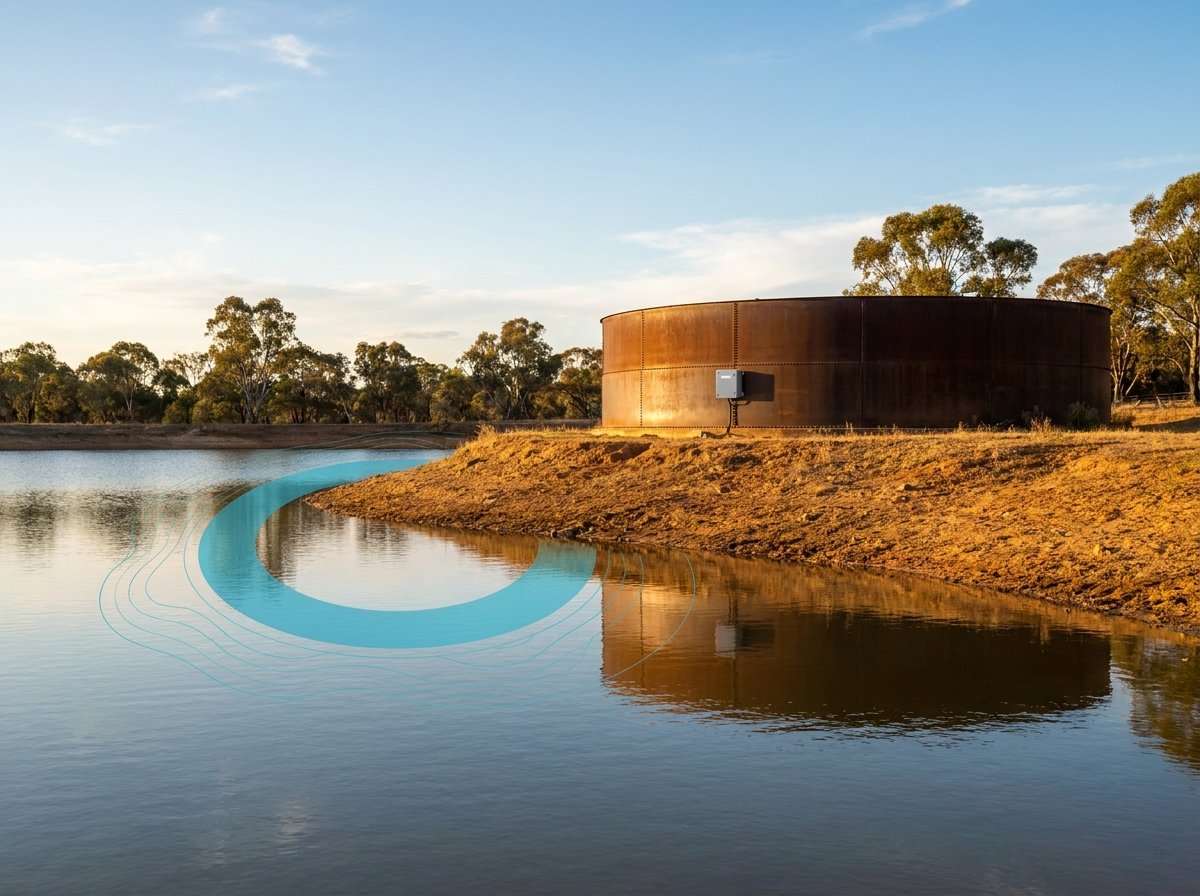 An Australian water reservoir and tank in warm daylight with a small level sensor on the tank wall and a restrained teal data ring on the water surface.