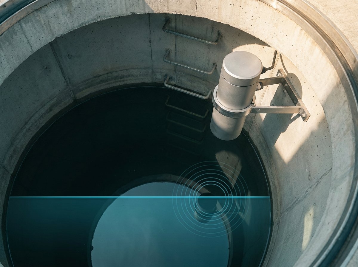A clean level sensor mounted in a sewer or stormwater wet well at an Australian utility site, well lit, with a subtle teal overlay on the water surface.