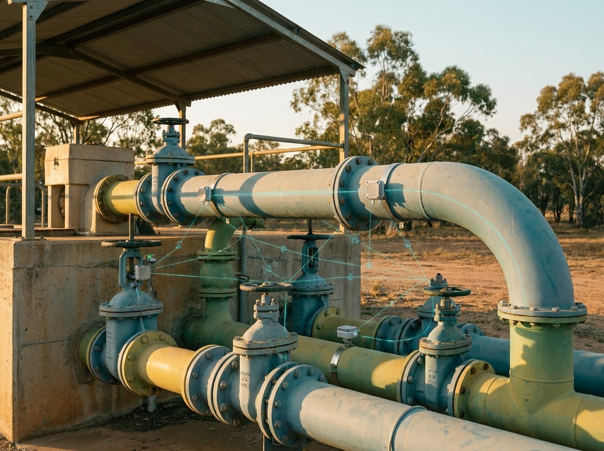 An Australian pumping station with a pump and valve manifold carrying small generic sensor nodes on the pipework, warm daylight, subtle teal telemetry overlay.