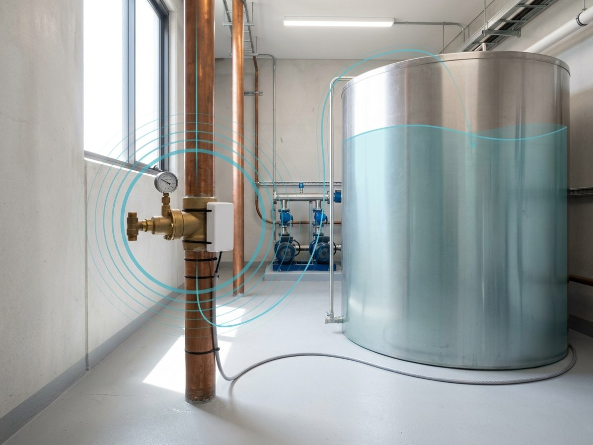 A building hydraulic riser with a stainless steel storage tank, a brass water meter on a copper main and a small wireless logger, with a teal flow overlay along the pipe.