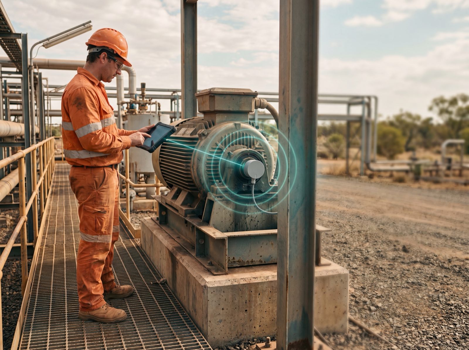 Operator holding a tablet beside a process-plant motor skid, generic sensor node mounted on the bearing housing, restrained teal data ring around the sensor