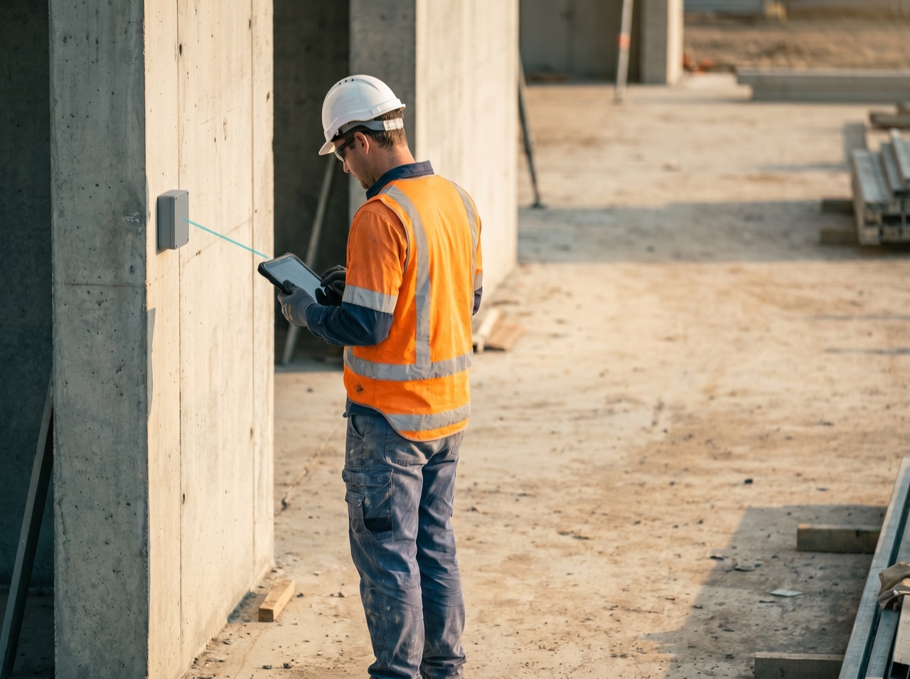 Construction worker in hi-vis and hard hat reviewing live site data on a tablet beside a structure, a generic sensor node mounted nearby