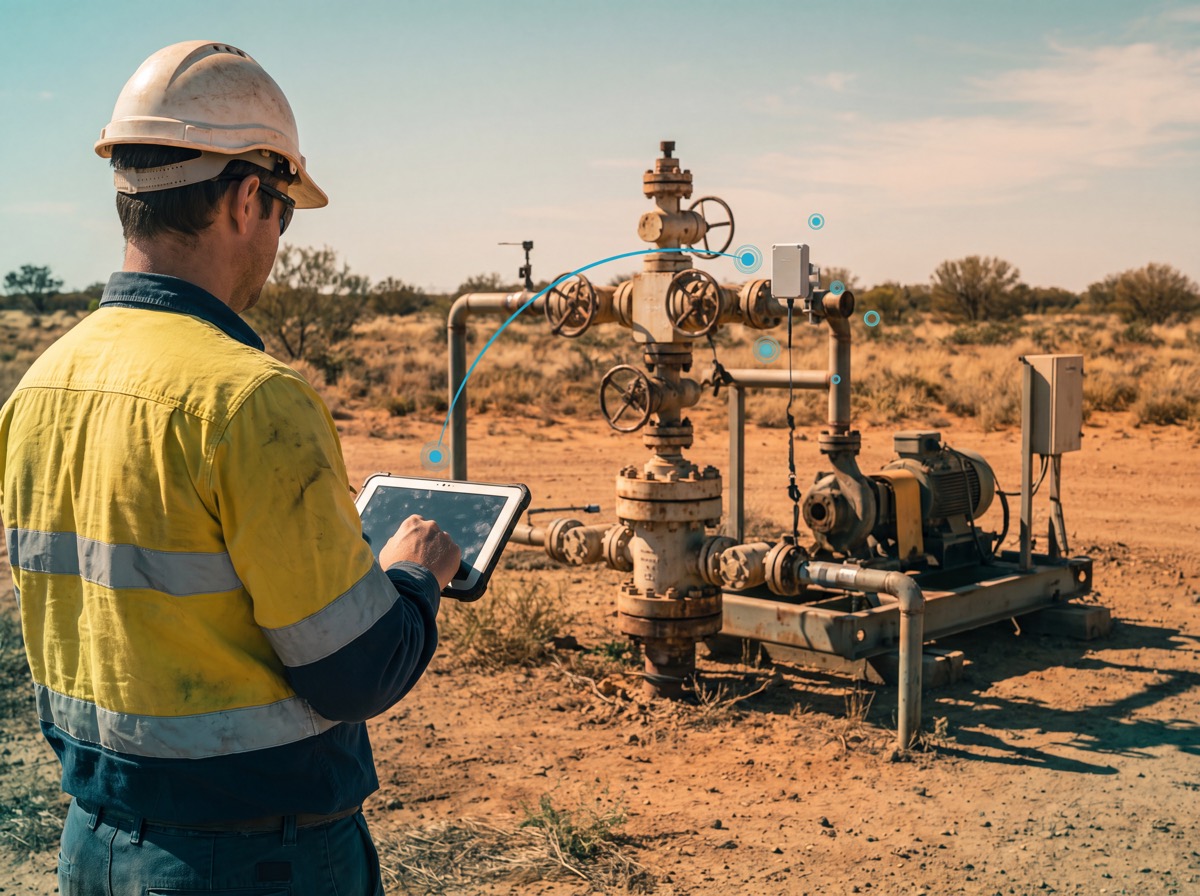 Field engineer reading live asset data on a tablet beside a monitored wellhead and pump skid, with an unbranded condition-monitoring sensor node and a teal telemetry link to the tablet