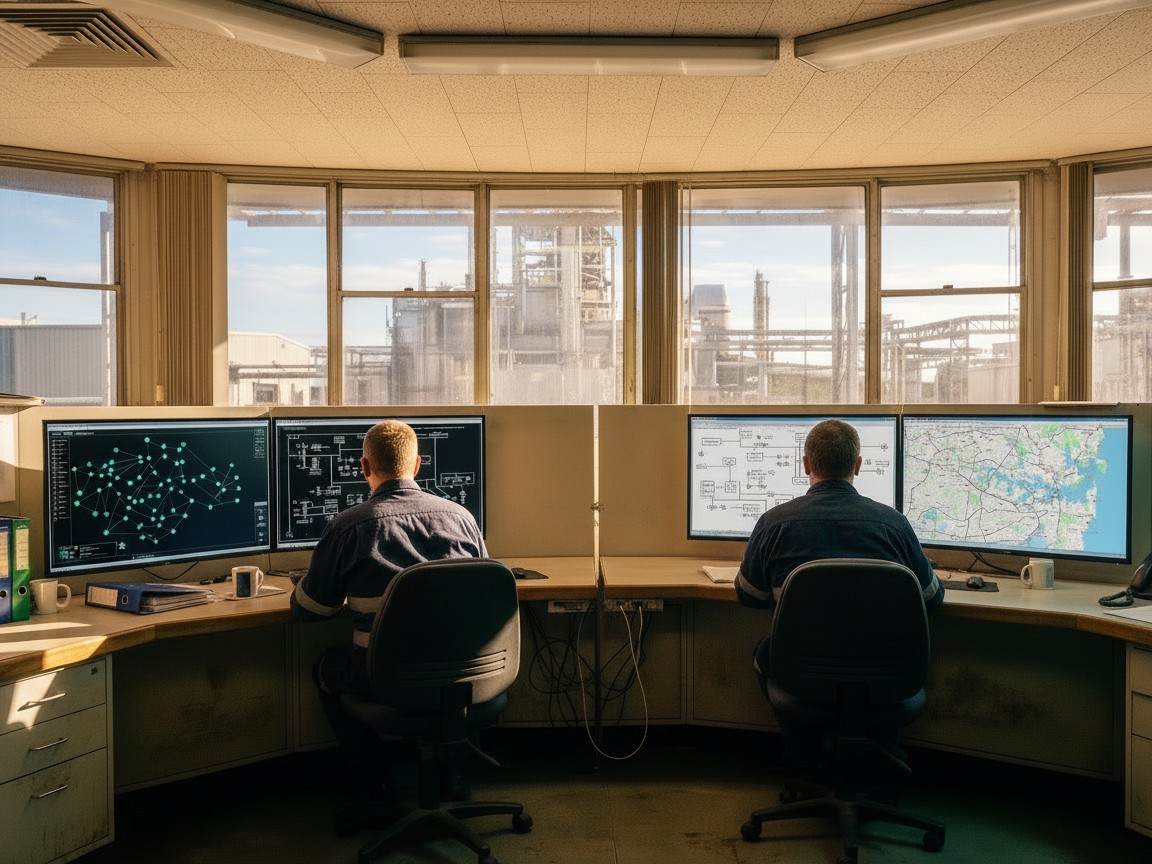Operators monitor live asset dashboards across a wall of screens in an industrial operations control room.