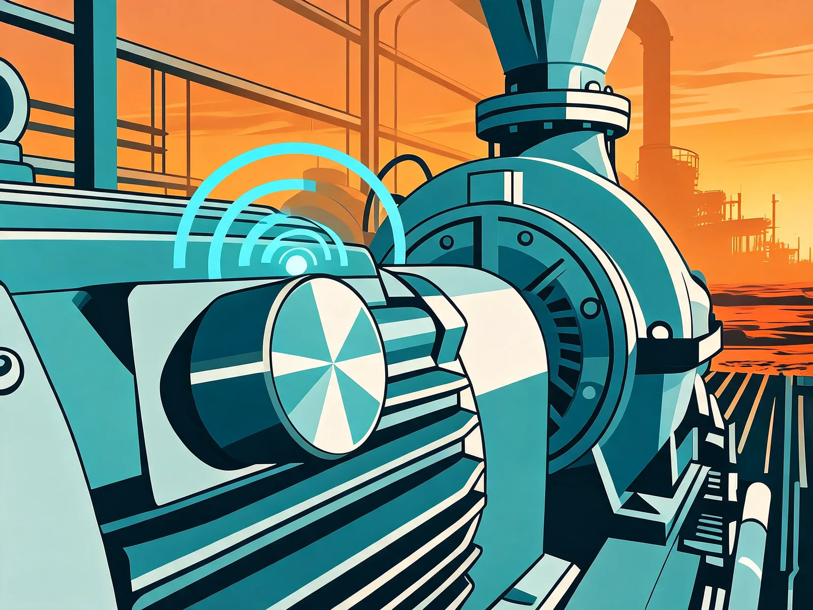 Stylised illustration of a wireless sensor on an industrial pump and motor, teal signal rings rising from it, against a warm industrial sunset