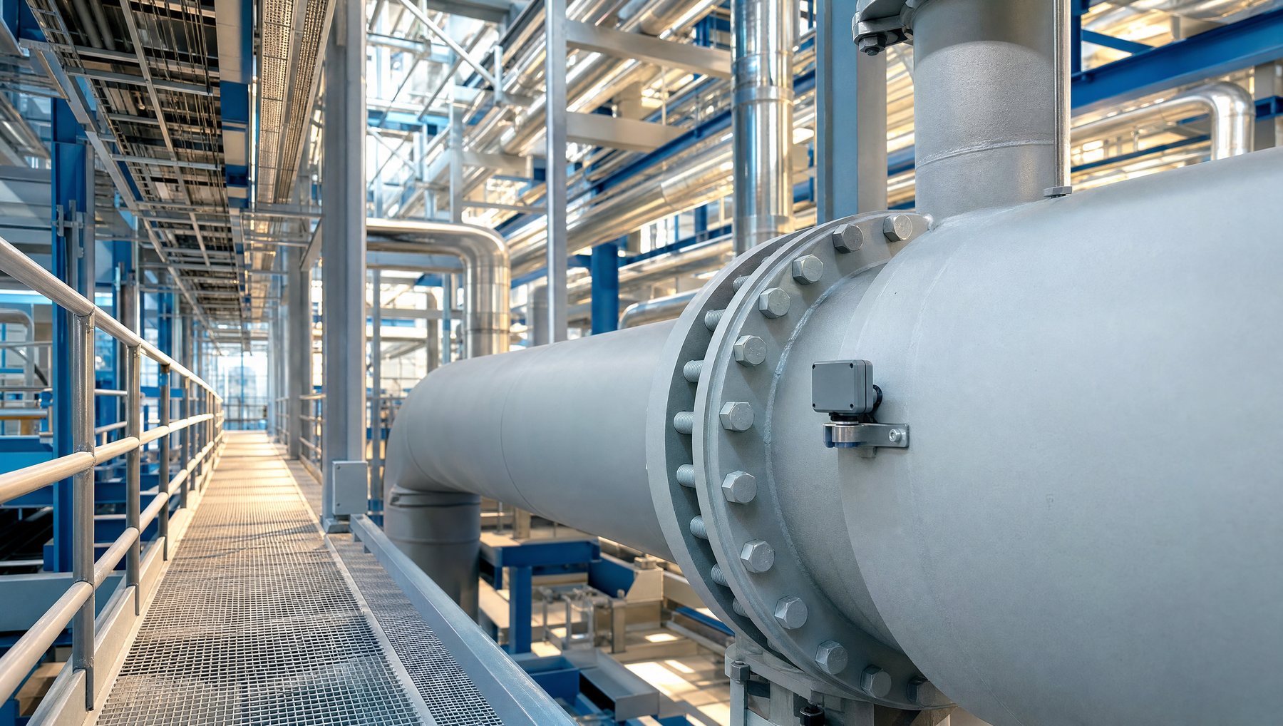 A small unbranded wireless sensor clamped to a large pipe flange inside a clean, modern process plant