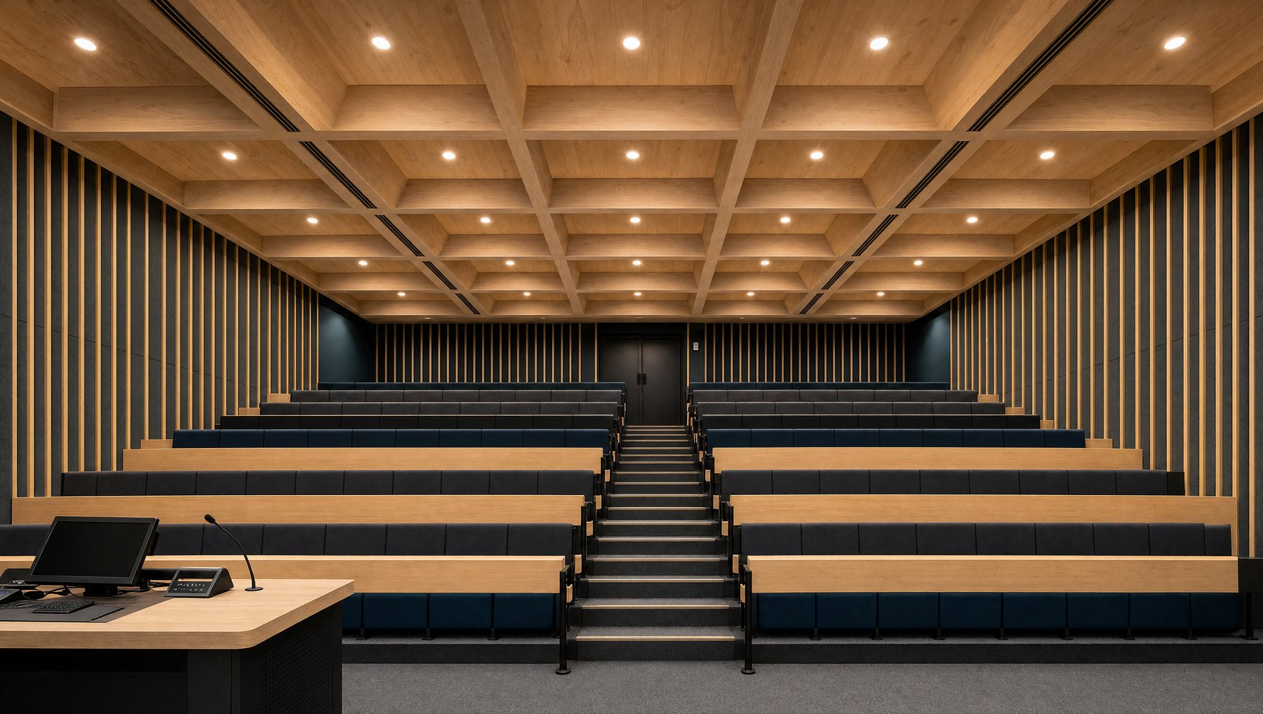 An empty tiered lecture theatre with a coffered timber ceiling, timber batten walls and teal-blue seating, seen from the lectern