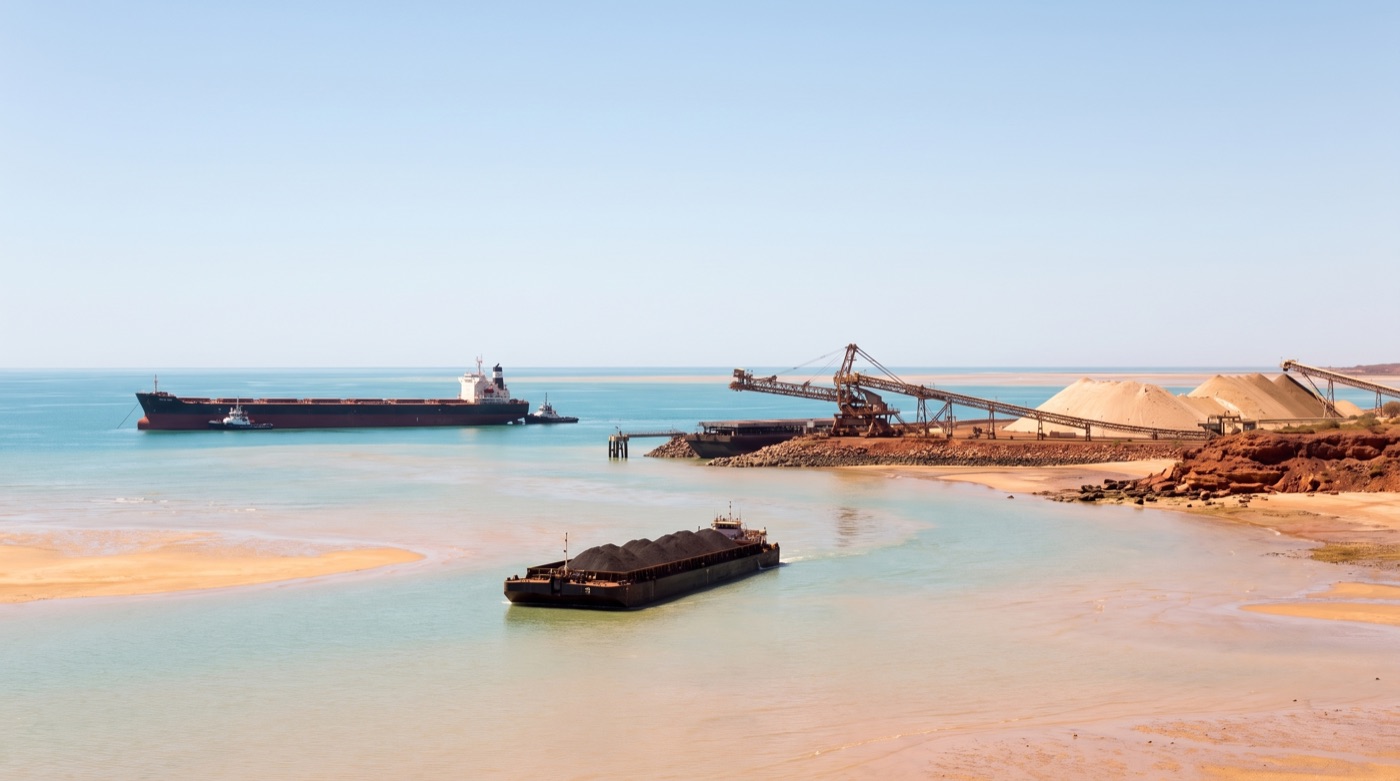 A remote Pilbara export port, a bulk carrier and a loaded transhipment barge in shallow water beside a shiploader and ore stockpiles