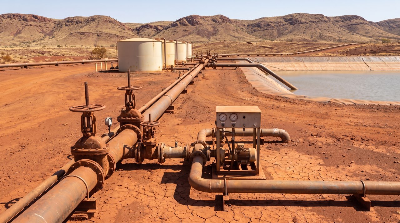 Weathered steel pipelines, gate valves, a pressure gauge and a pump beside a lined water pond and storage tanks on red Pilbara ground