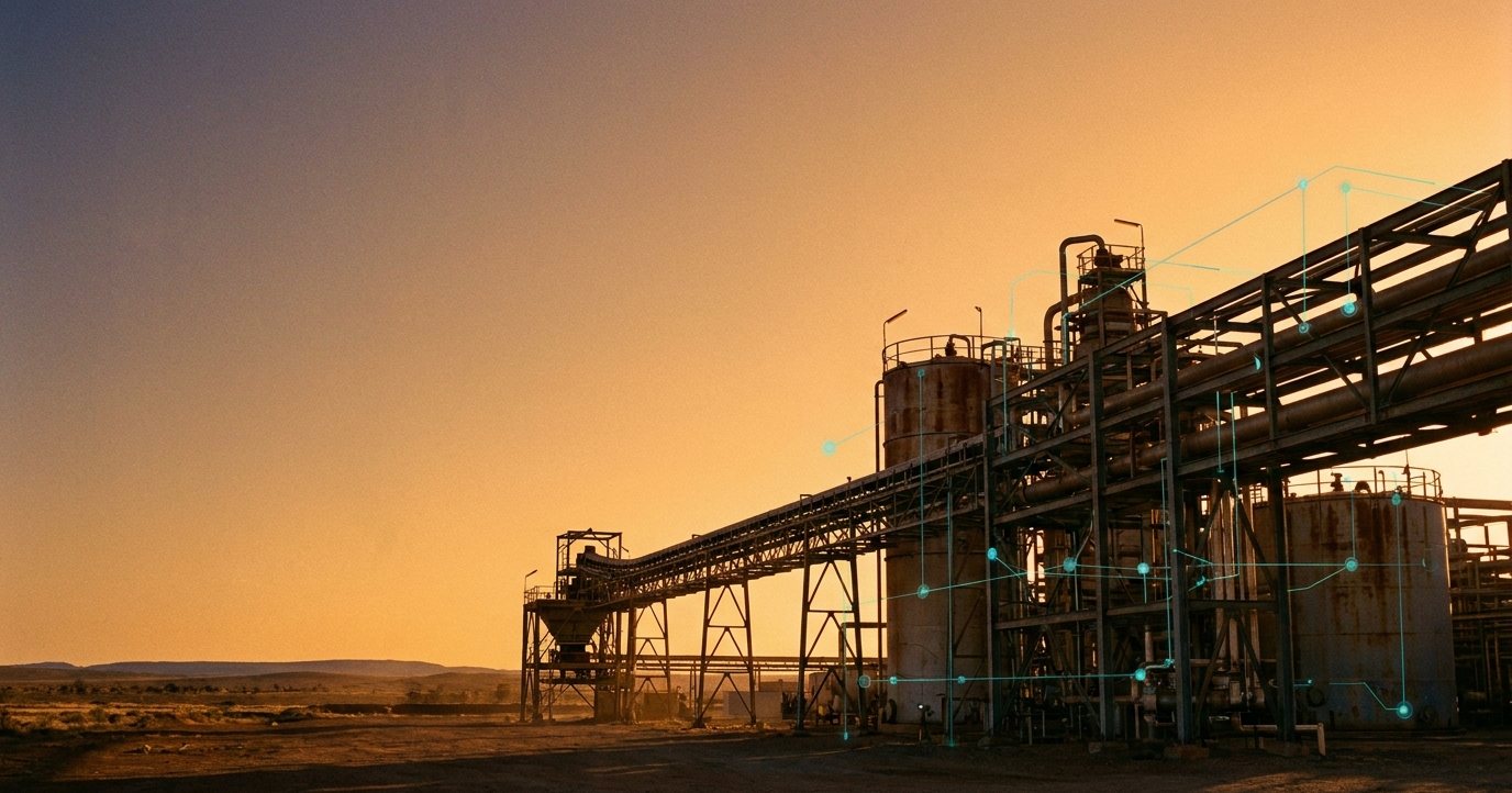 Outback processing plant at golden hour with connected data overlays