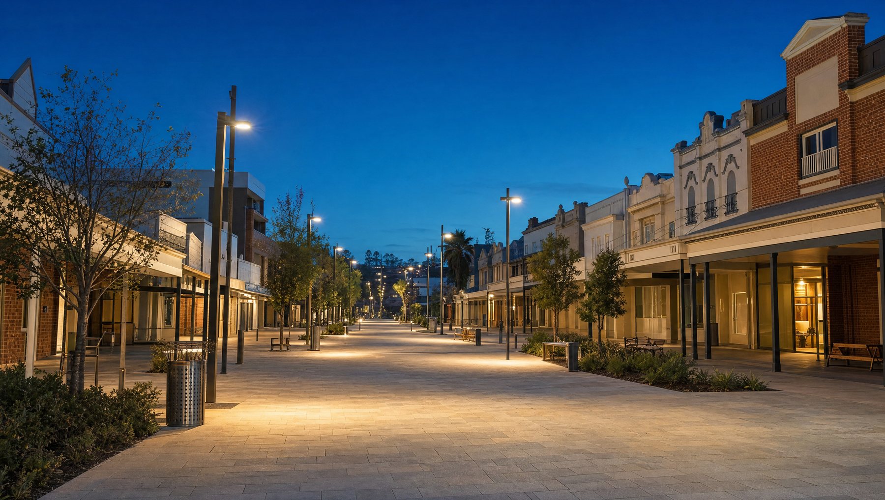 A regional Australian civic streetscape at blue hour with heritage buildings and street lighting newly switched on