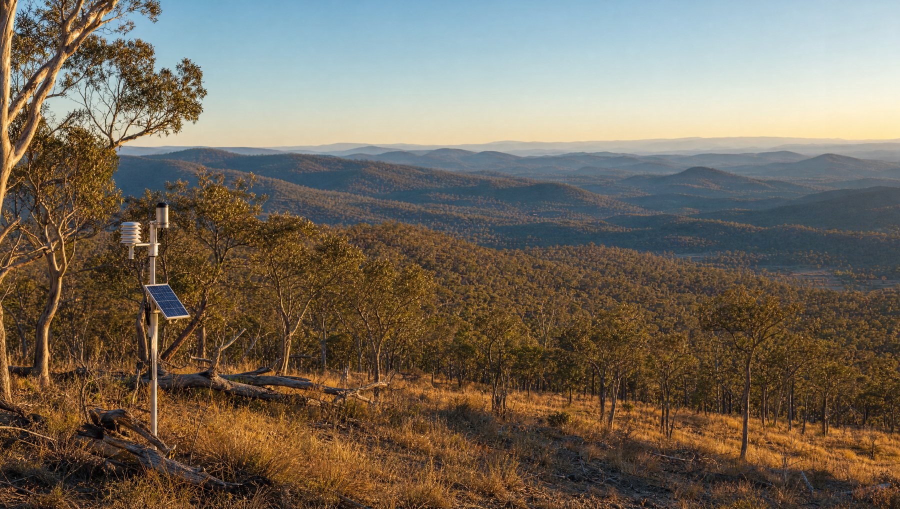 A solar-powered sensing station on a slim white mast among dry grass and eucalypts in open bushland