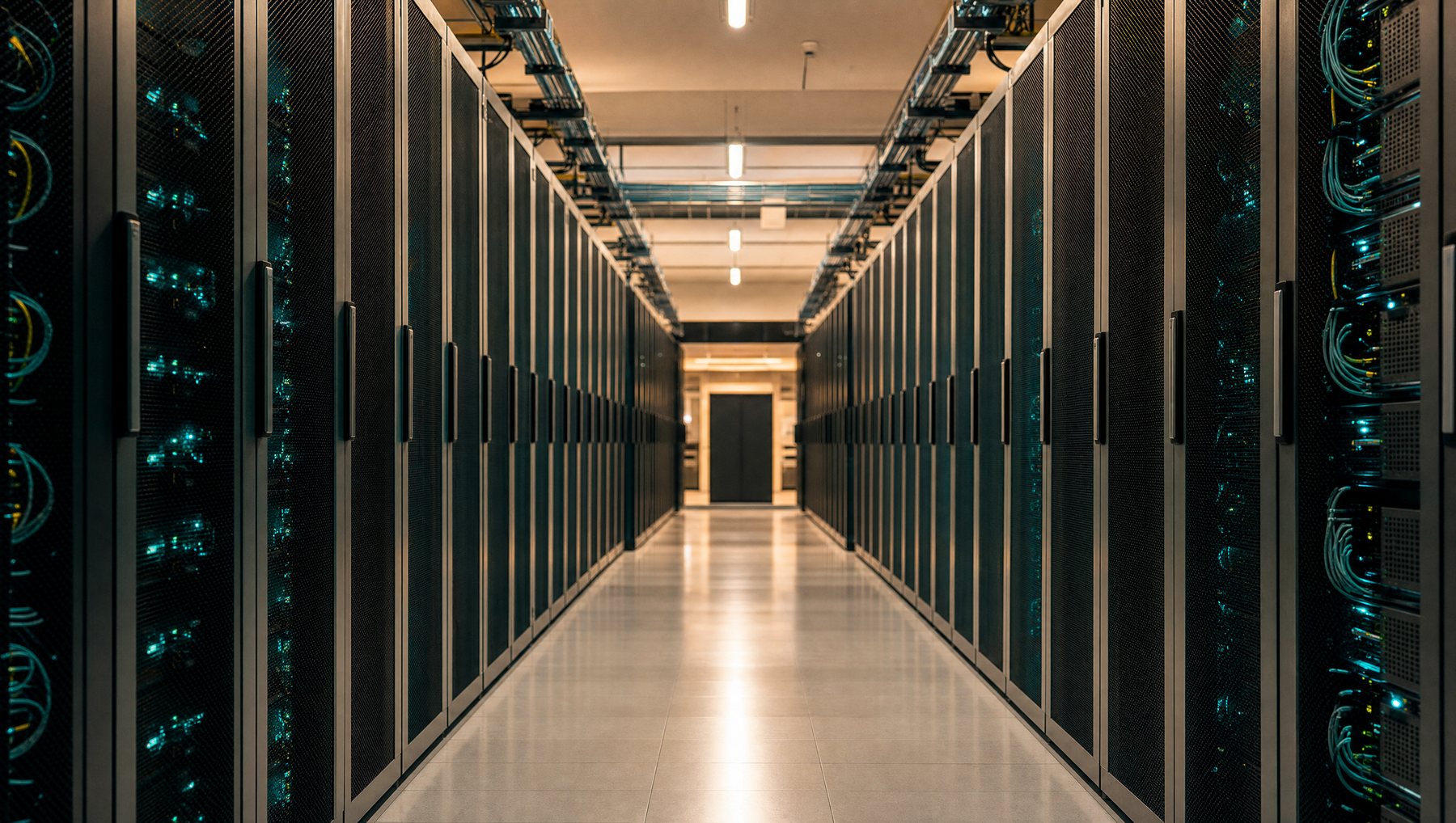 A clean data hall aisle with server cabinets either side and cool indicator light along the racks